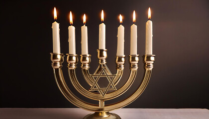 Fototapeta premium A golden menorah with lit candles, featuring a Star of David in the center, against a dark background Generative AI
