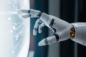 White robot hand interacting with futuristic interface