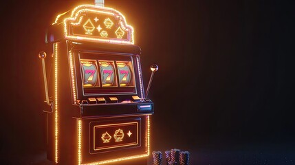 Illuminated slot machine showing 777 jackpot.