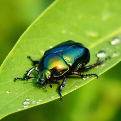 An African beetle with a luminous shell perched on a rain-kissed leaf under bright sunlight