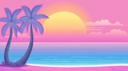 Fototapeta premium Vibrant Sunset Over Ocean with Palm Trees and Colorful Sky