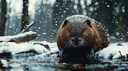 photography, high detail, year 1780, late autumn with snow, a ground-level extreme close up photograph of a beaver sitting on the banks of a snowy stream, the beaver is wearing colonial soldier 