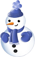 Pupazzo di Neve Natalizio Carino Divertente con Sciarpa Guanti e Cappello di Lana Blu Illustrazione Isolata 