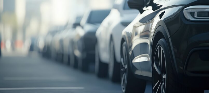 A long row of neatly parked white cars is situated in a parking lot