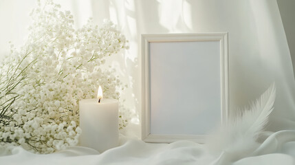 Empty photo frame with a white feather, a small white candle, and a gentle flame, near delicate white flowers.
