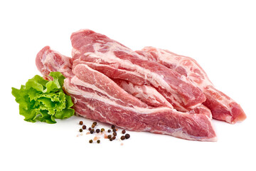 Pork fillet tenderloin with lettuce, raw meat, close-up, isolated on white background.