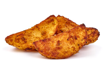 Baked potato wedges, fried potatoes, isolated on white background.