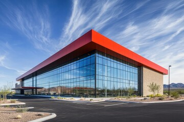 Obraz premium Modern commercial building large glass facade red roof trim spacious parking lot