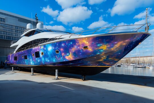 Large, luxurious yacht featuring a vibrant galaxy themed wrap, standing on supports in a shipyard or marina