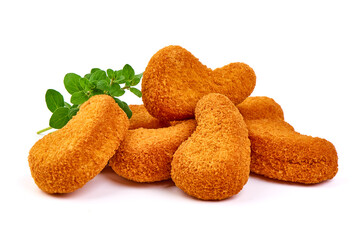 Crispy chicken nuggets, isolated on white background.