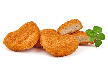 Crispy chicken nuggets, isolated on white background.