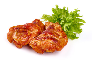 Grilled chicken wings with fresh lettuce isolated on white background.