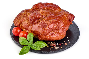 Roasted pork meat, smoked spicy glazed meat, isolated on white background.