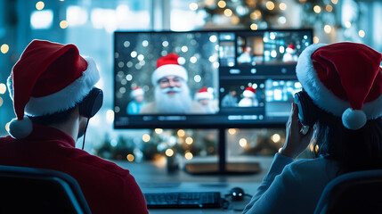 Two people wearing Santa hats participating in a virtual Christmas party, with Santa Claus on the video call screen in a festive setting