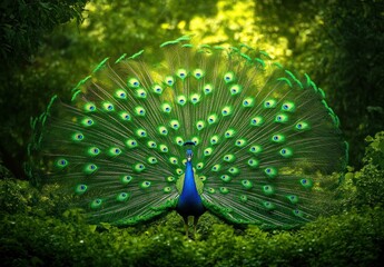 Obraz premium A majestic peacock displaying its vibrant plumage