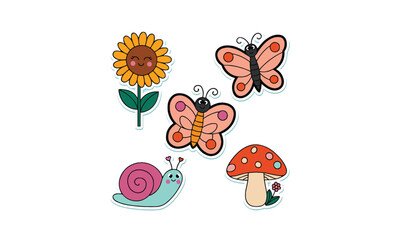 Cute Cartoon Nature Elements with Butterflies, Snail, Sunflower, and Mushroom
