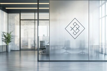Frosted glass partition displaying a customizable logo inside a modern office space