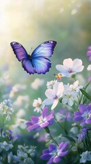 Vibrant blue butterfly fluttering over blooming flowers in a serene garden