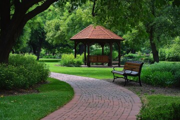 Two benches are in the park with a gazebo in the background