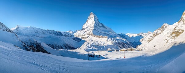 A tall mountain covered in snow under a bright blue sky