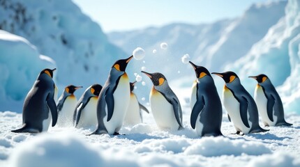 Obraz premium Penguins Snowball Fight in Icy Landscape