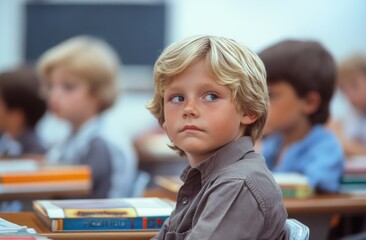 Fototapeta premium A group of cheerful children are sitting at their desks in a classroom