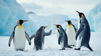 Fototapeta premium Penguins Snowball Fight in Icy Landscape