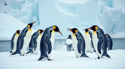 Fototapeta premium Penguins Snowball Fight in Icy Landscape