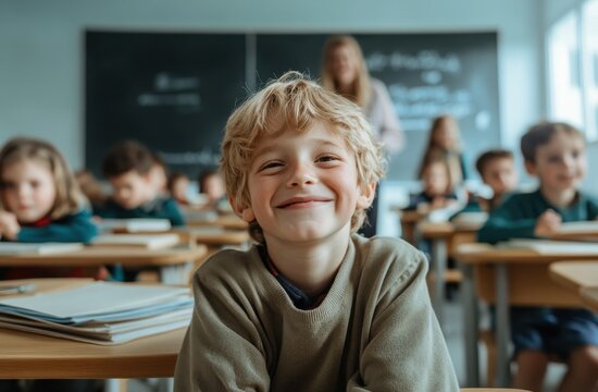 A group of cheerful children are sitting at their desks in a classroom - Powered by Adobe
