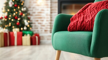 Cozy Green Armchair with Red Knit Blanket Near Christmas Tree and Gifts