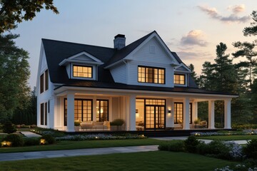 Modern farmhouse exterior twilight warm glowing windows
