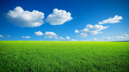 Fototapeta premium Peaceful green grassland and blue sky with scattered clouds near the horizon, photographed in high definition with a wide-angle lens and symmetrical composition