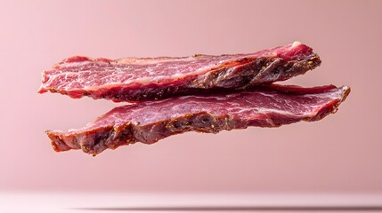 Fototapeta premium Biltong showcases its rich, textured layers in this enticing image, highlighting the savory appeal of dried meat suspended against a soft pastel backdrop.