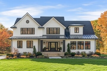 Modern farmhouse exterior white siding black roof large front porch symmetrical windows
