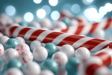 Naklejka premium Red and white striped candy canes lay amidst colorful bokeh lights, evoking festive cheer and sweet memories.