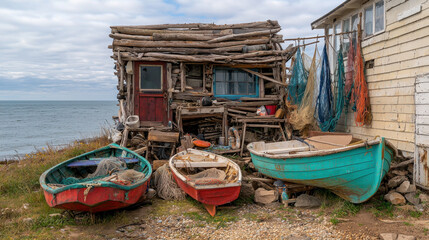 Obraz premium Vernacular, A rustic fishing shack beside the sea, surrounded by colorful boats and fishing gear, evoking a tranquil coastal scene.
