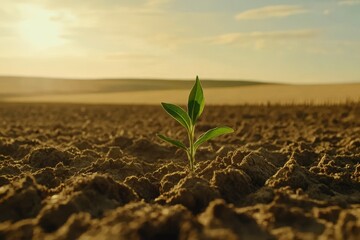 Hopeful Green Sprout Emerging from Dry Earth Under a Beautiful Sunrise, Symbolizing New Beginnings and Resilience in Agriculture and Nature