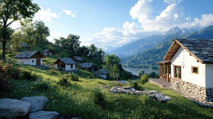 Vernacular, A serene landscape featuring rustic cottages surrounded by lush greenery, mountains, and a tranquil lake under a bright blue sky.