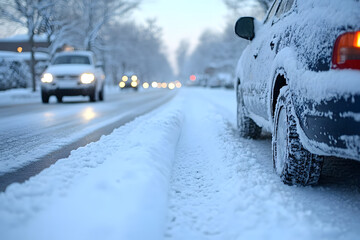 A close-up of a snow-covered car tire, emphasizing winter traction, road safety, and vehicle performance in snowy conditions