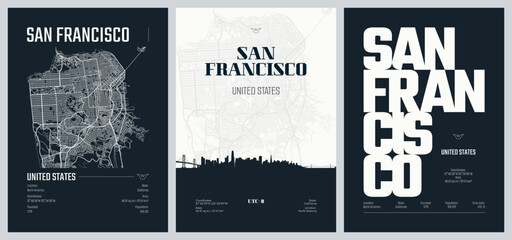Set of travel posters with San Francisco, detailed urban street plan city map, Silhouette city skyline, vector artwork, set 2