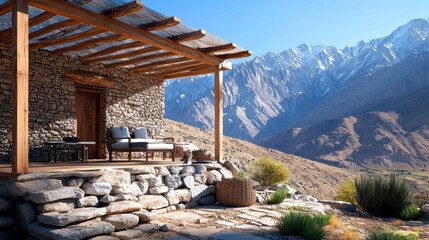 Vernacular, A rustic stone cabin with a wooden deck overlooks a breathtaking mountain landscape, creating a serene retreat in nature.