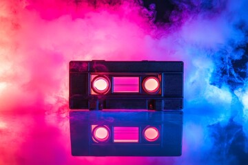 Retro cassette tape with glowing lights surrounded by vibrant colored smoke, creating a nostalgic...