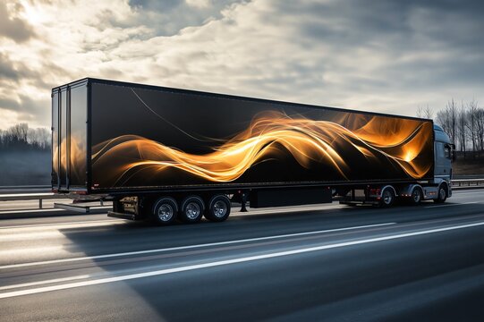 Black customizable double trailer wrap displaying golden waves, driving on highway under cloudy sky