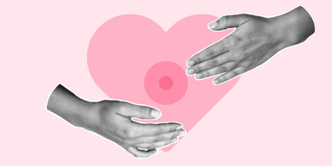 Halftone collage banner, breast cancer awareness month. Paper cut hands, self-diagnosis concept, mixed media design, pink october.