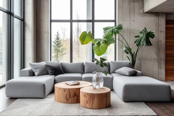 Modern living room loft space concrete walls large windows natural light gray sectional sofa