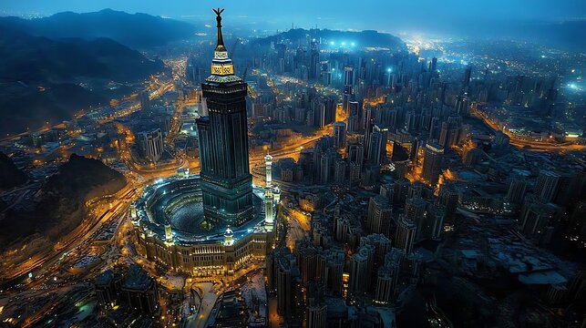 Night aerial view of Mecca's Abraj Al-Bait Clock Tower and city.