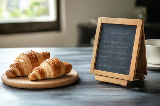 Two golden brown croissants on a wooden board next to a customizable breakfast menu, creating an inviting breakfast scene