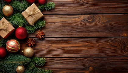 Fototapeta premium Natural wood texture, top view of natural pattern for backdrop, light wooden color, abstract background with gifts, christmas, greeting card design.