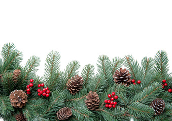 A beautiful Christmas wreath made of pine branches, pinecones, and red berries, sharp detail, HDR effect, isolated on a white background. Perfect for festive and holiday-themed designs.

