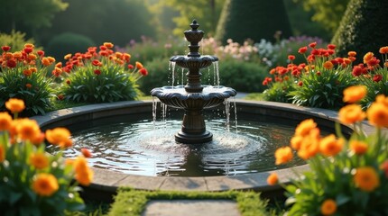 Serene Garden Oasis with Blooming Flowers and a Fountain
